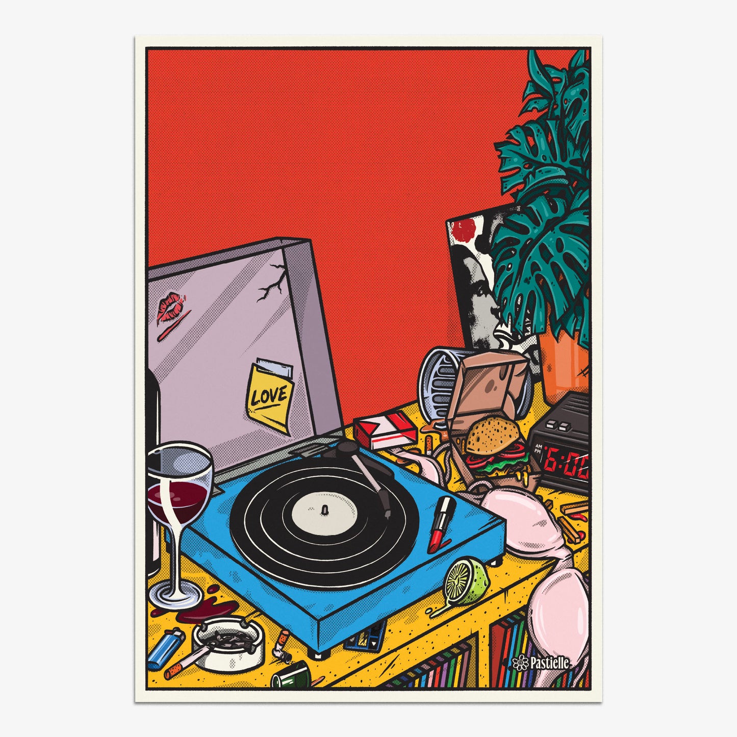 Affiche murale design Pastielle 24h du Disco – affiche colorée représentant une table avec une platine vinyle sur fond rouge