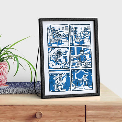 Affiche illustrée Pastielle Camille sur un meuble avec une plante verte