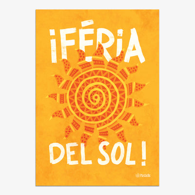 Affiche murale design Pastielle Féria Del Sol – affiche représentant un soleil sur fond jaune avec le titre de l'affiche en blanc