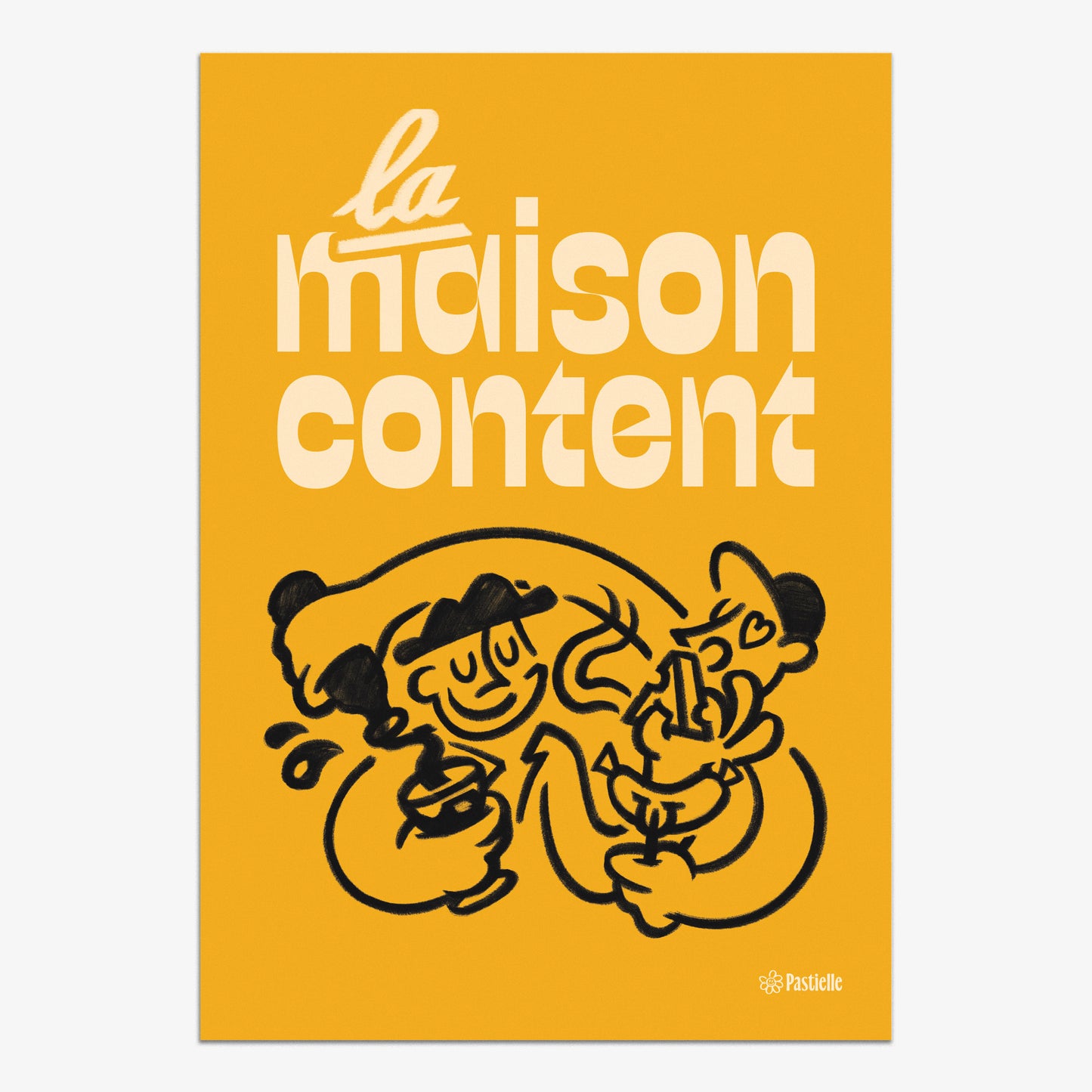 Affiche murale design Pastielle La Maison Content – affiche typographique jaune avec une illustration de deux personnes