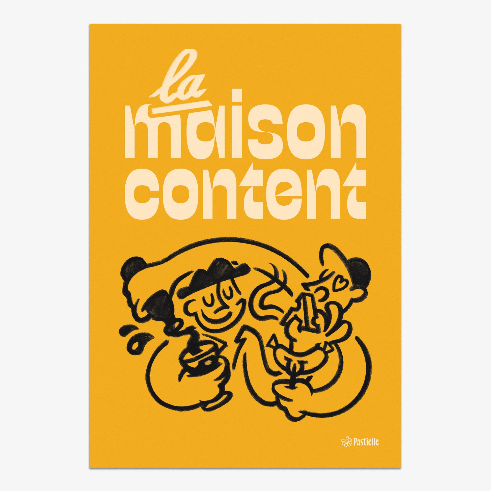 Affiche murale design Pastielle La Maison Content – affiche typographique jaune avec une illustration de deux personnes