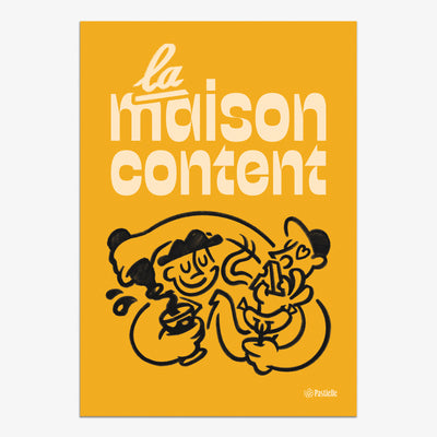 Affiche murale design Pastielle La Maison Content – affiche typographique jaune avec une illustration de deux personnes