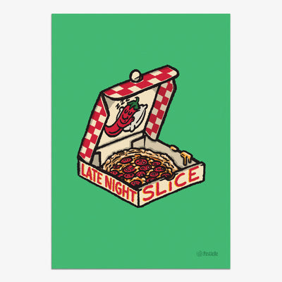 Affiche Late night slice représentant carton de pizza sur un fond vert
