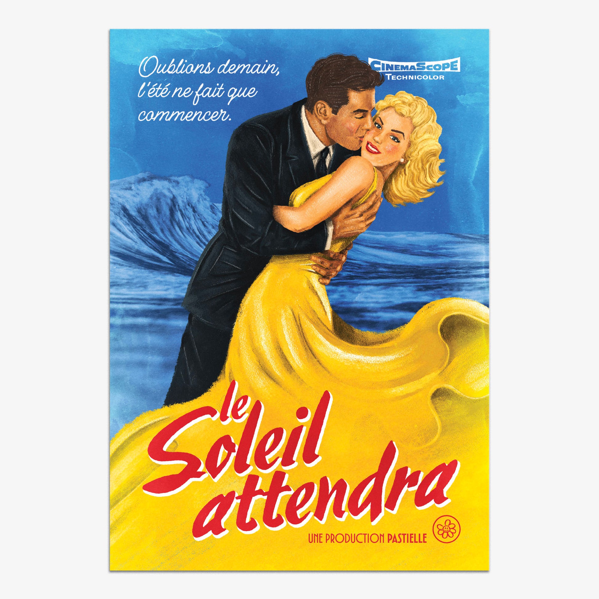 Affiche rétro style années 40 montrant un couple enlacé sur fond bleu. La femme porte une monumentale robe jaune fluide évoquant une coulée d'or. Titre en rouge : "Le soleil attendra"