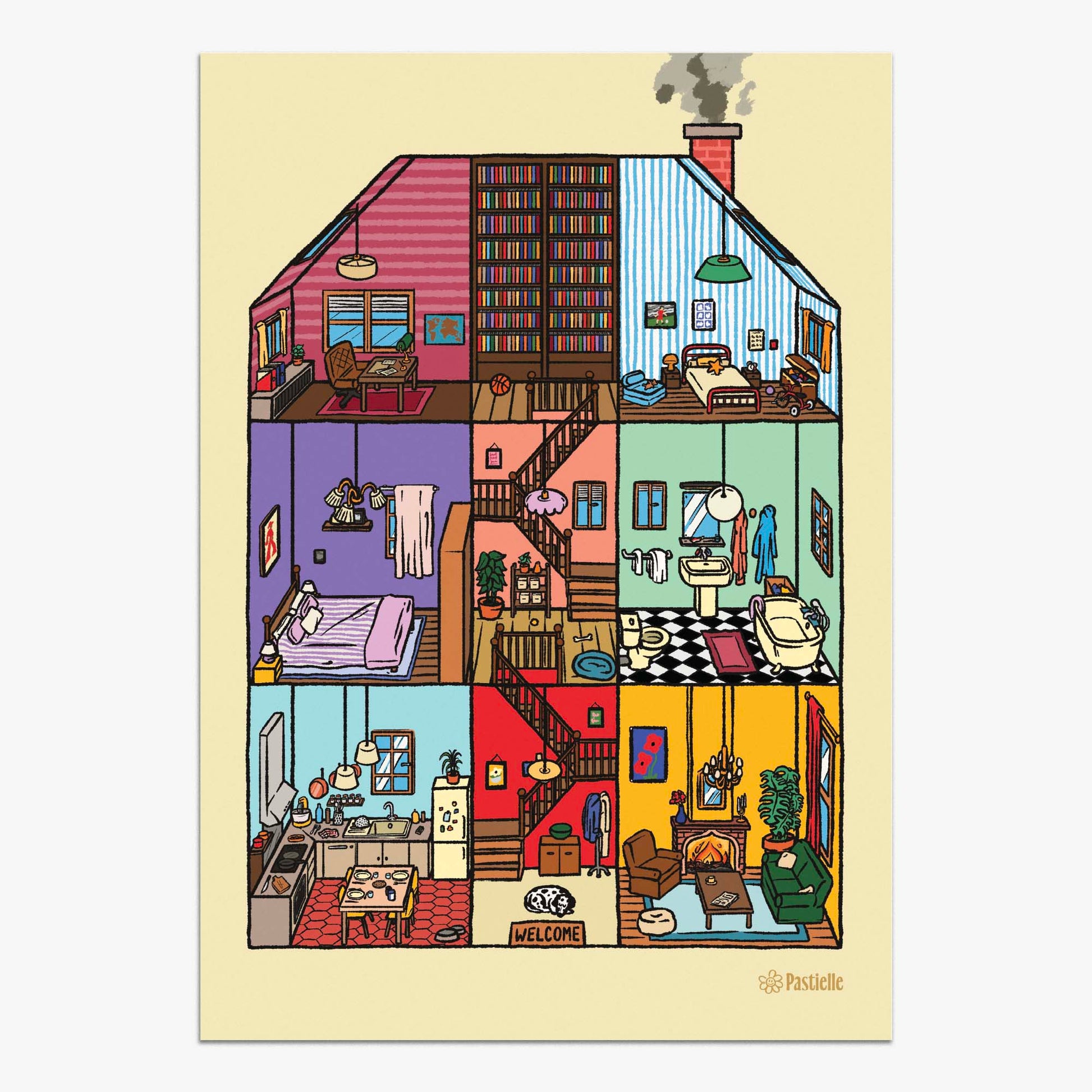 Affiche d’une maison ouverte avec 6 pièces, un peu comme une maison de poupée.