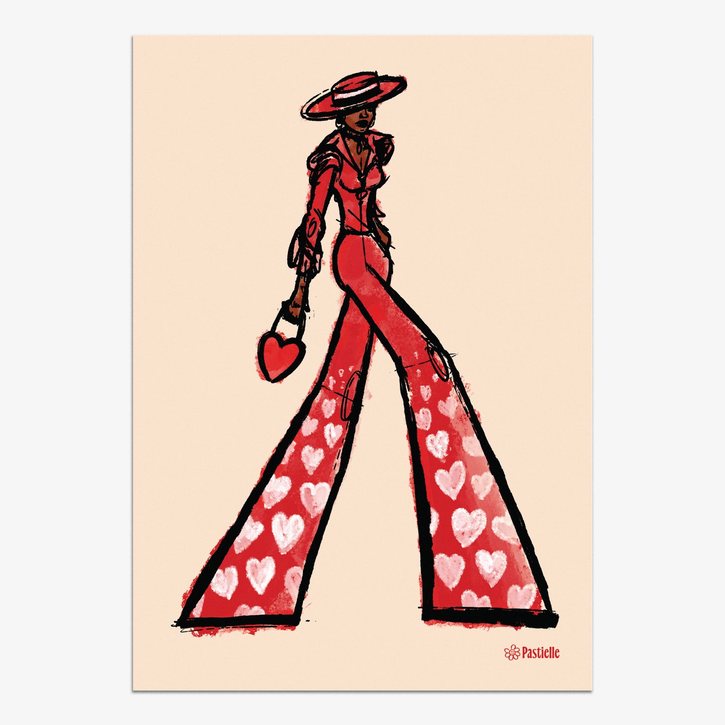 Affiche murale design Pastielle Maud – affiche fashion représentant une femme habillée en rouge sur fond beige