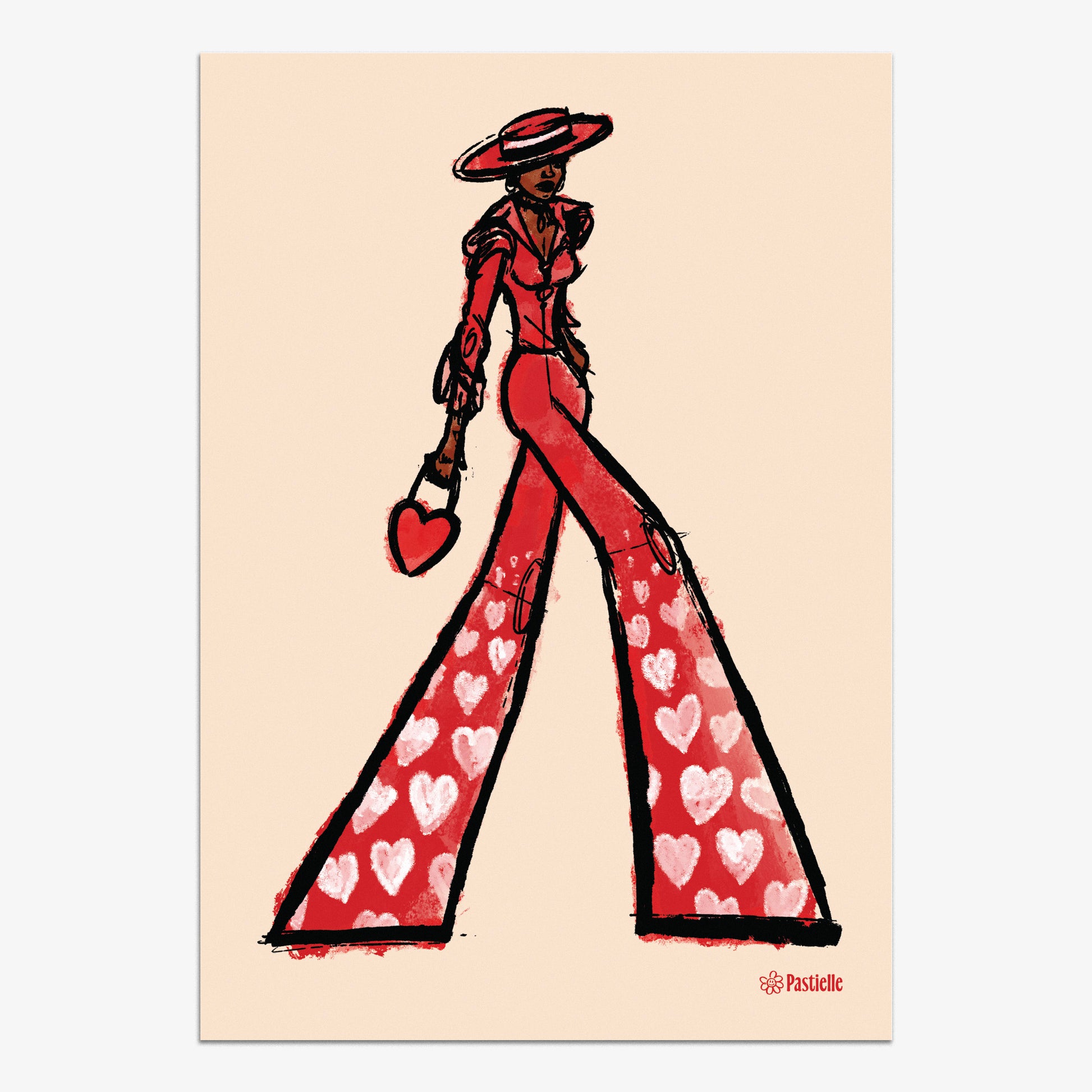 Affiche murale design Pastielle Maud – affiche fashion représentant une femme habillée en rouge sur fond beige