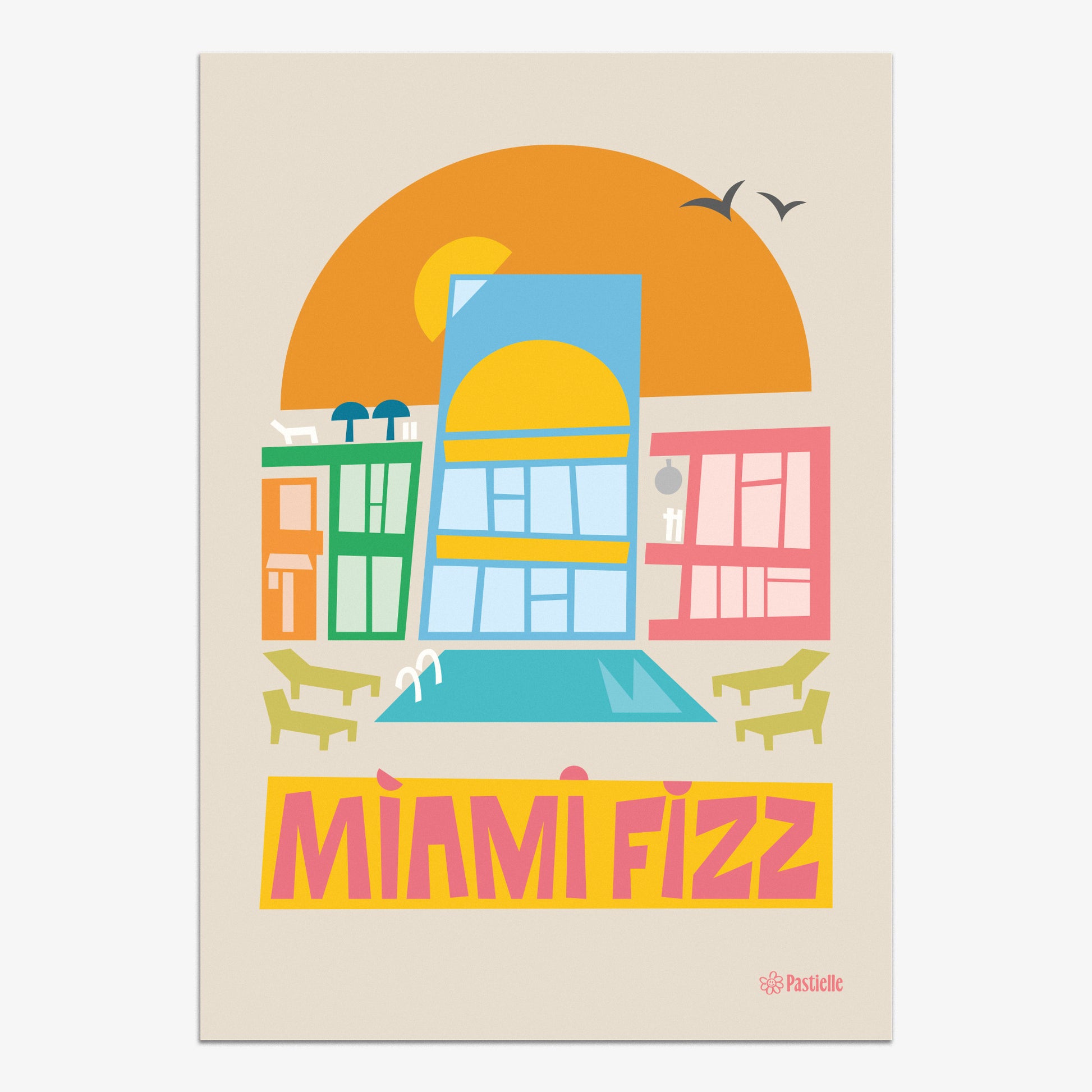Affiche murale design Pastielle Miami Fizz – affiche rétro art deco représentant une villa américaine avec piscine