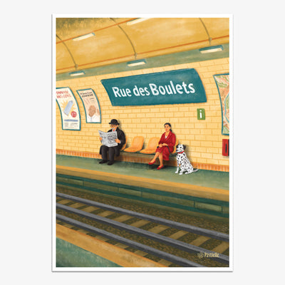 Affiche rétro illustrée Pastielle Rue des Boulets – scène du métro parisien avec un un homme, une femme et un dalmatien